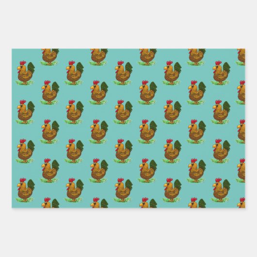 Ensemble de papier d'emballage coq, 3 styles, (Devant 3)