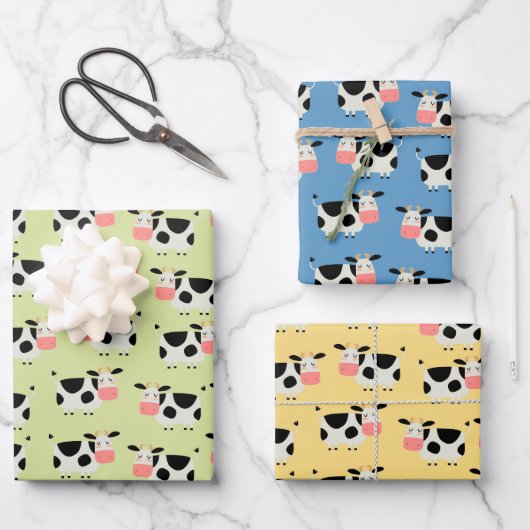 Ensemble de papier d'emballage de 3 vaches de ferm (Recto)