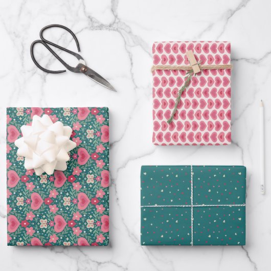 Ensemble de papier d'emballage de fêtes – Cœurs & (Recto)