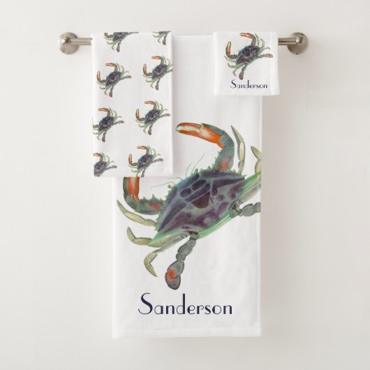 Ensemble de serviettes de bain bleu et vert crabe (En situation)