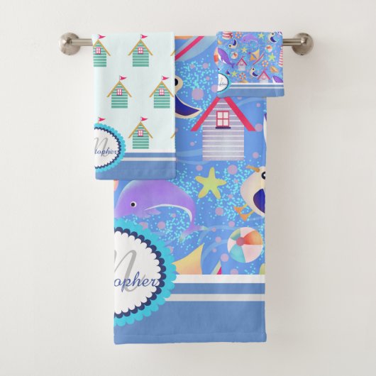 Ensemble de serviettes de bain bleu plage amusant (En situation)