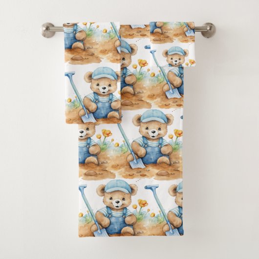 Ensemble de serviettes de bain bleu Teddy Bear Boy (En situation)