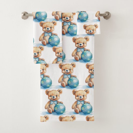 Ensemble de serviettes de bain bleu Teddy Bear Boy (En situation)