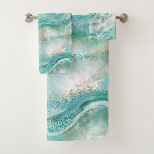 Ensemble de serviettes de bain en marbre turquoise (En situation)