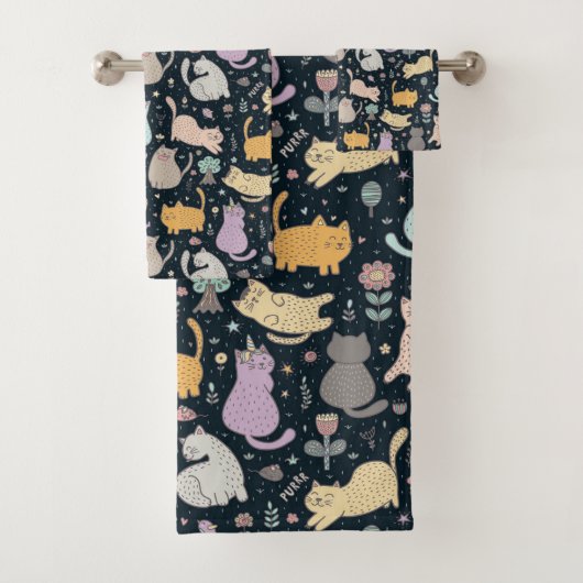 Ensemble de serviettes de bain motif chats et fleu (En situation)