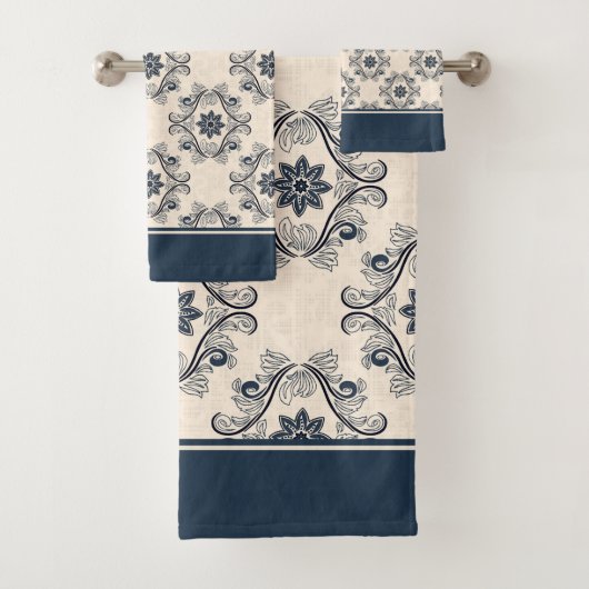 Ensemble de serviettes de bain motif vintage bleu (En situation)