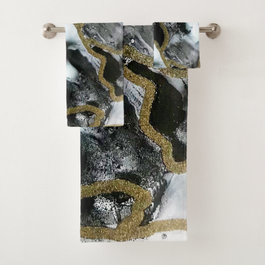 Ensemble de serviettes de bain noir, blanc et or | (En situation)