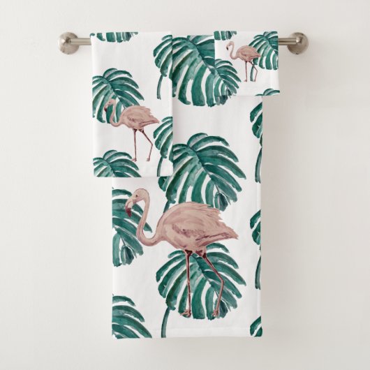 Ensemble de serviettes de bain peintes en Flamant  (En situation)
