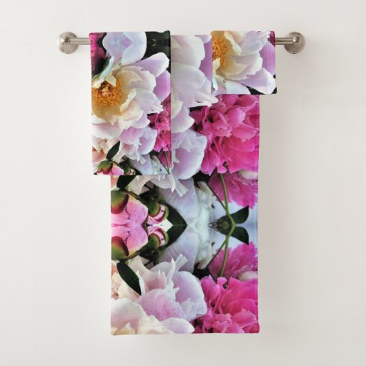 Ensemble de serviettes de bain - pivoines rose et (En situation)