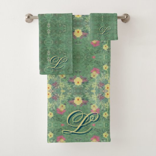 Ensemble de serviettes de bain vertes à fleurs Mon (En situation)