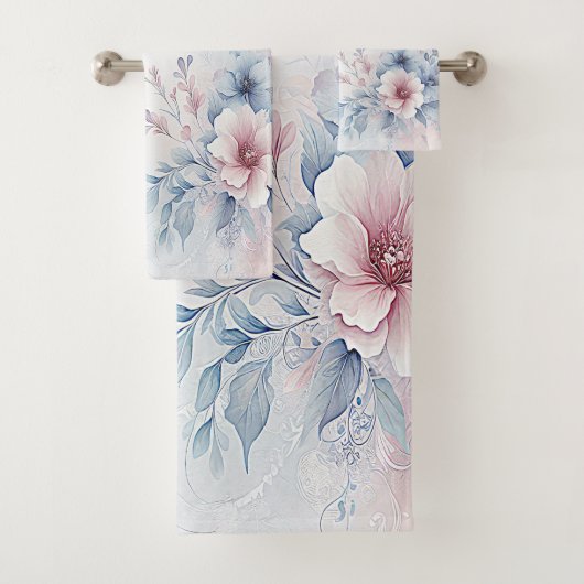 Ensemble de serviettes de toilette bleu rose (En situation)