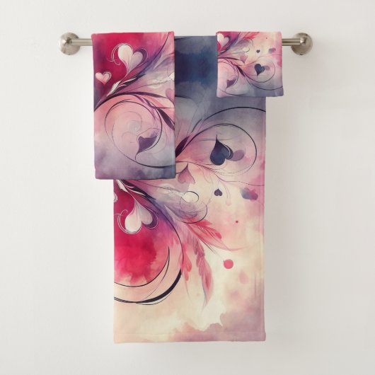 Ensemble de serviettes fantaisie coeurs rouges ble (En situation)
