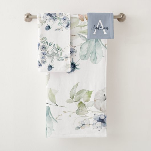 Ensemble de serviettes monogrammées florales bleu (En situation)