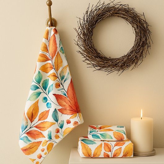 Ensemble de serviettes orange sarcelle or feuilles