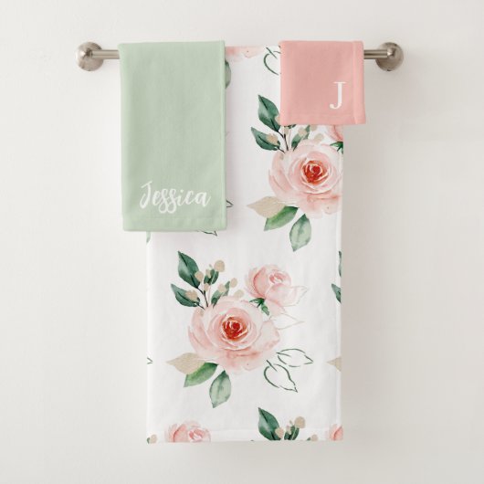 Ensemble de serviettes Rose en aquarelle monogramm (En situation)