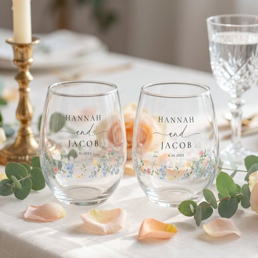 Ensemble de verres pour couple de mariage à fleurs