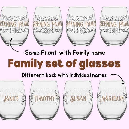 Ensemble familial de verres à vin avec nom Fête de