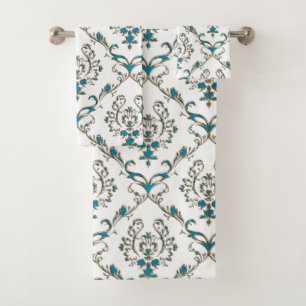 Ensemble floral bleu de serviette de damassé d'or