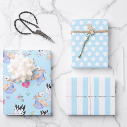 Ensemble papier cadeau Bébé garçon cigogne (Recto)