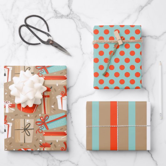Ensemble papier cadeau Noël Rétro (Recto)
