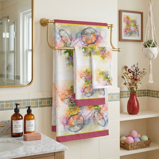 Ensemble serviette de bain vélo et fleurs