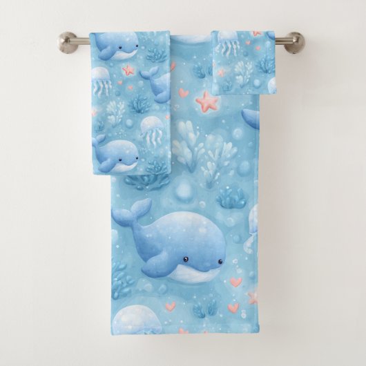 Ensemble serviettes de bain baleine bleu clair mig (En situation)