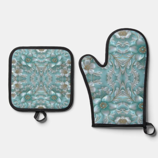 Ensemble turquoise Cuir Floral Mitt & Pot (Recto)