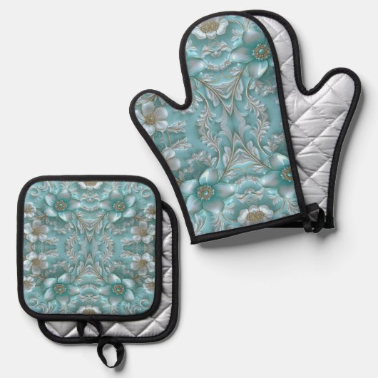 Ensemble turquoise Cuir Floral Mitt & Pot (Recto/Verso)