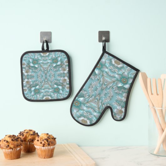 Ensemble turquoise Cuir Floral Mitt & Pot (In situ (suspendu))