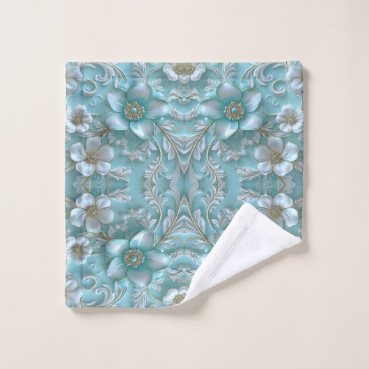 Ensemble turquoise de serviettes Floral Blanc (Gant de toilette)