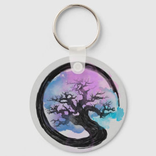 Enso Zen Circle en Bonsai Tree Alcohol Ink Sleutelhanger