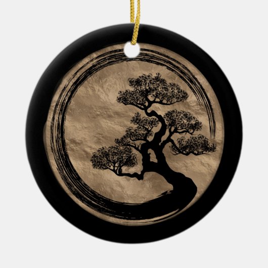 Enso Zen Circle en Bonsai Tree Gold Keramisch Ornament (Voorkant)