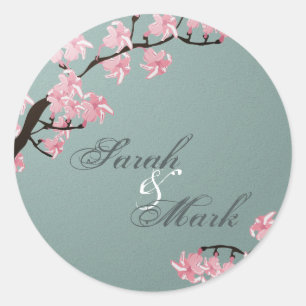 Envelop Seal Turquoise & Roze Kersenbloesems Ronde Sticker
