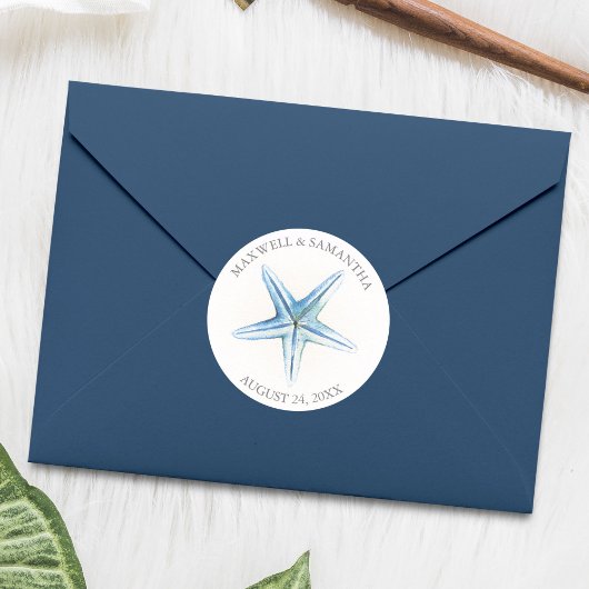 Envelope Seal Sticker, Blue Starfish Beach Wedding Ronde Sticker