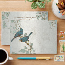 Enveloppe de mariage oiseaux sarcelle vintage