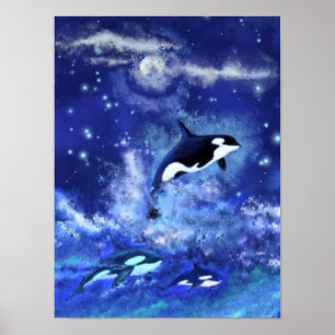 Épaulards sur affiche de peinture pleine lune bleu