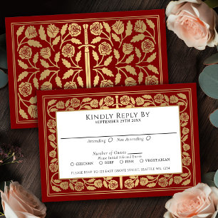 Épée dorée médiévale écarlate Invitation de mariag