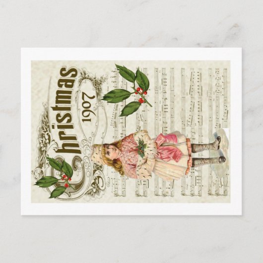 Ephemera 1907 Kerstmis Carol Script Holly Berry Briefkaart (Voorkant)