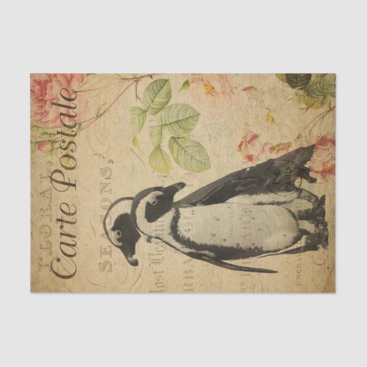 Ephemera Cute Penguins roze Roses Floral Tissuepapier (Voorkant)