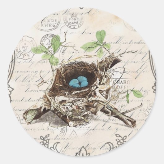 ephemera franse botanische robijn - vogelnest ronde sticker (Voorkant)