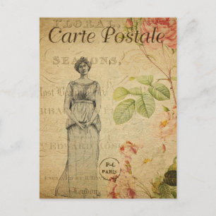 Ephemera  Franse Vrouw Rozen Floral Briefkaart