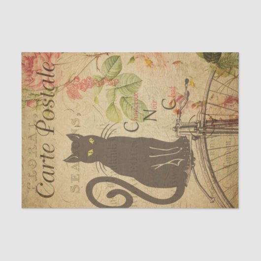Ephemera French Briefkaart Black Cat Decoupage Tissuepapier (Voorkant)