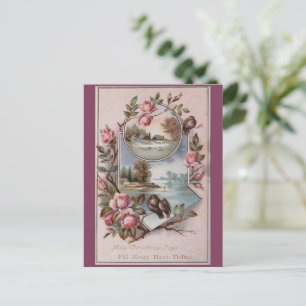 Ephemera Kerstvogellandschap Bloemen Feestdagenkaart