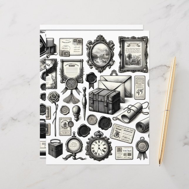  Ephemera Line Art Cut en Collage Papier (Voorkant / Achterkant in situ)