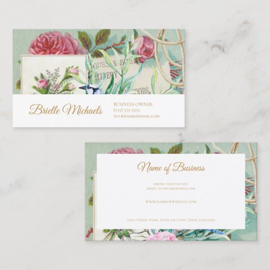 Ephemera roze roos met gouden script Visitekaartje (Voorkant / Achterkant)