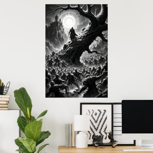 Epic battle scene with medieval warriors under poster (Thuiskantoor)