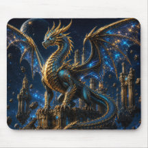 Epic Blue & Gold Fantasy Dragon Mouse Pad