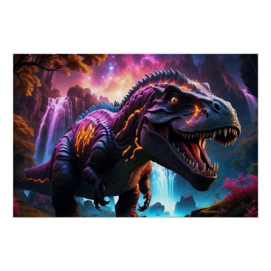 Epic Cosmic Dinosaur Fantasy Levendig Landschap Po Perfect Poster (Voorkant)