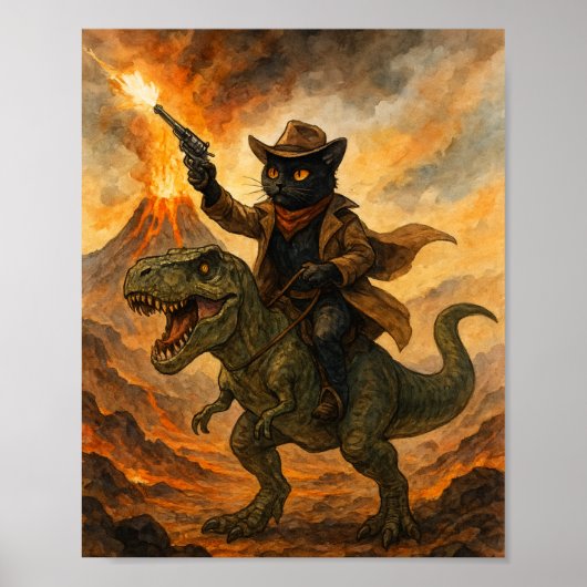 Epic Cowboy Cat Riding Dinosaur – Bold Watercolor Poster (Voorkant)