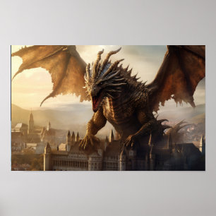 Epic Dragon sur la ville médiévale Poster